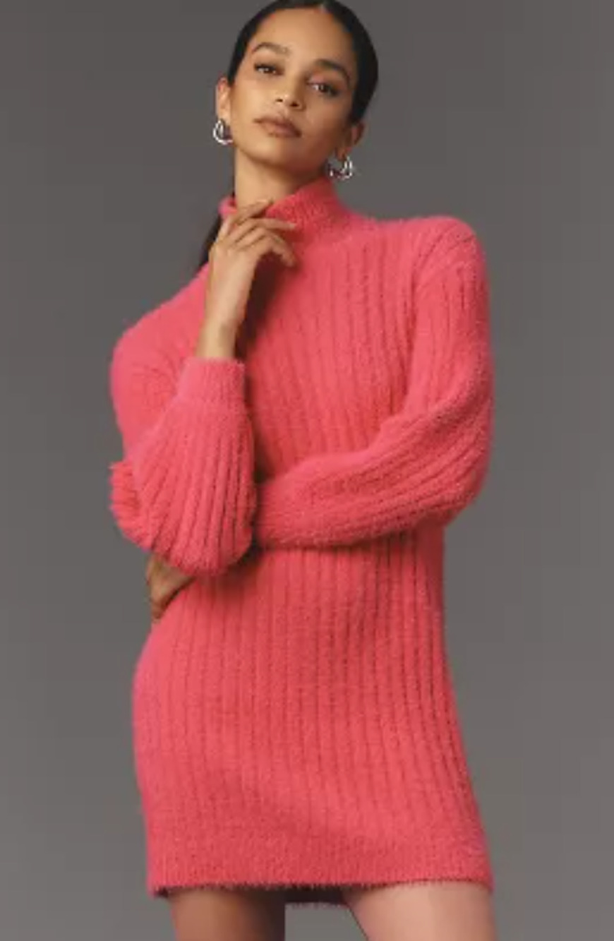 Anthropologie FLAT WHITE Turtleneck Jumper Sweater Dress in Pink Size S NWT $148